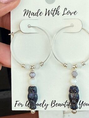 Hand Crafted Sterling Silver Hoops with Iridescent Czech Glass Owl Charms